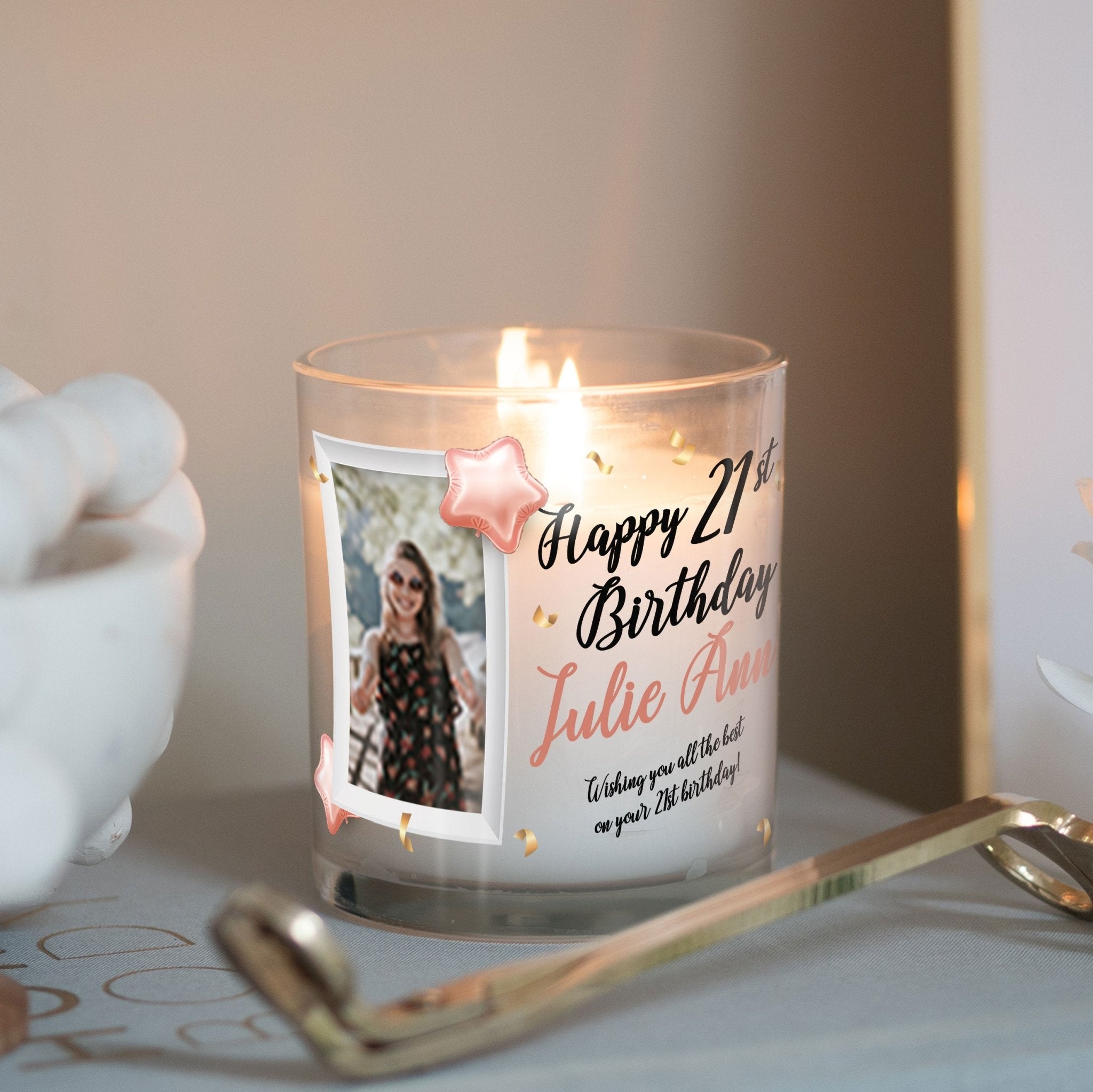 21st Birthday Custom Photo Glass Candleholder | Teen Girl Bday, Gift Ideas For Her | Personalised Votive Glass with Picture | Bday Present Candleholder - Unique Prints