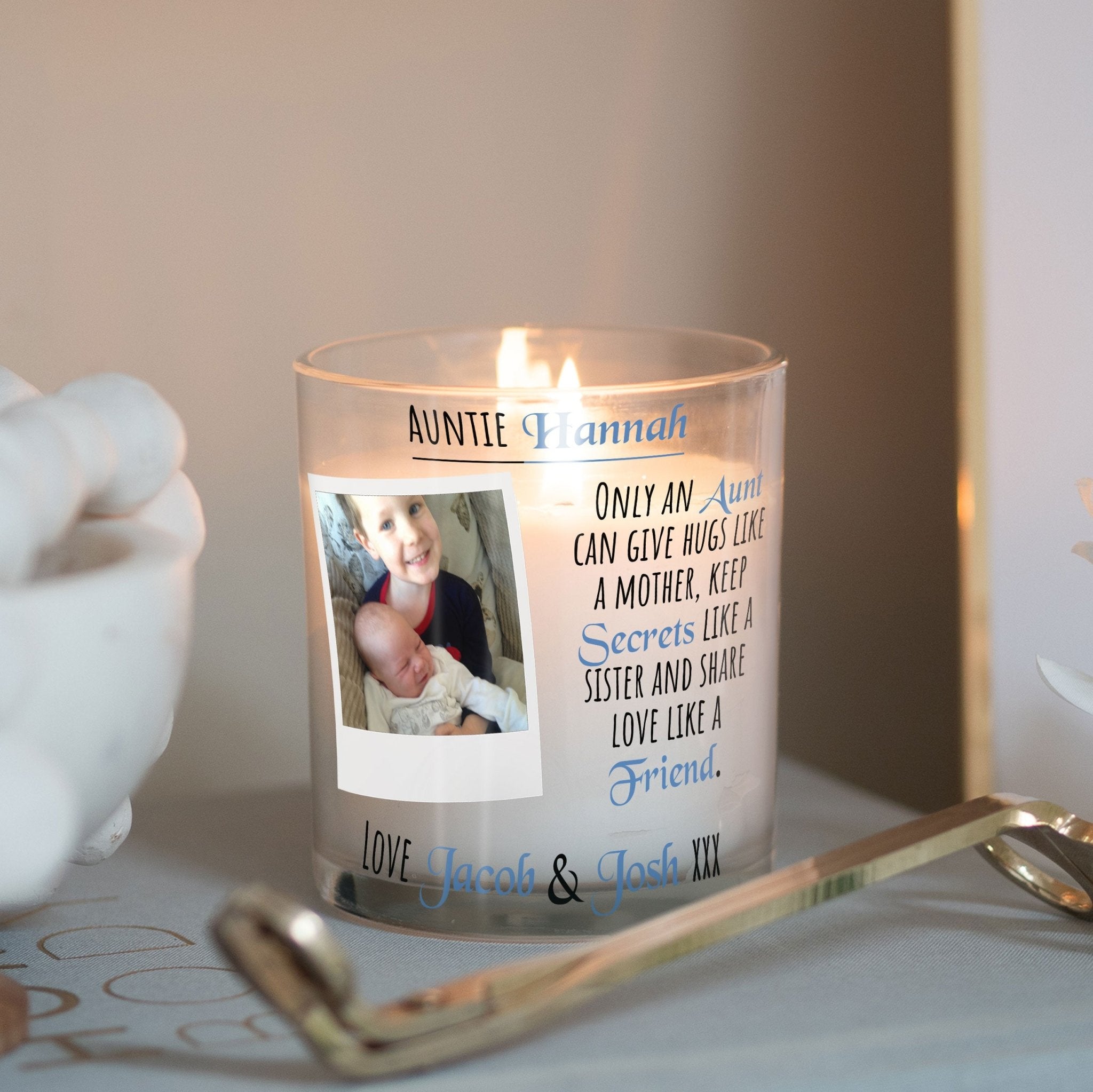 Auntie Quotes Custom Photo Candle Holder | New Baby, Aunt Gift Ideas | Personalized Votive Glass with Picture | Crystal Home Decor Present Candleholder - Unique Prints