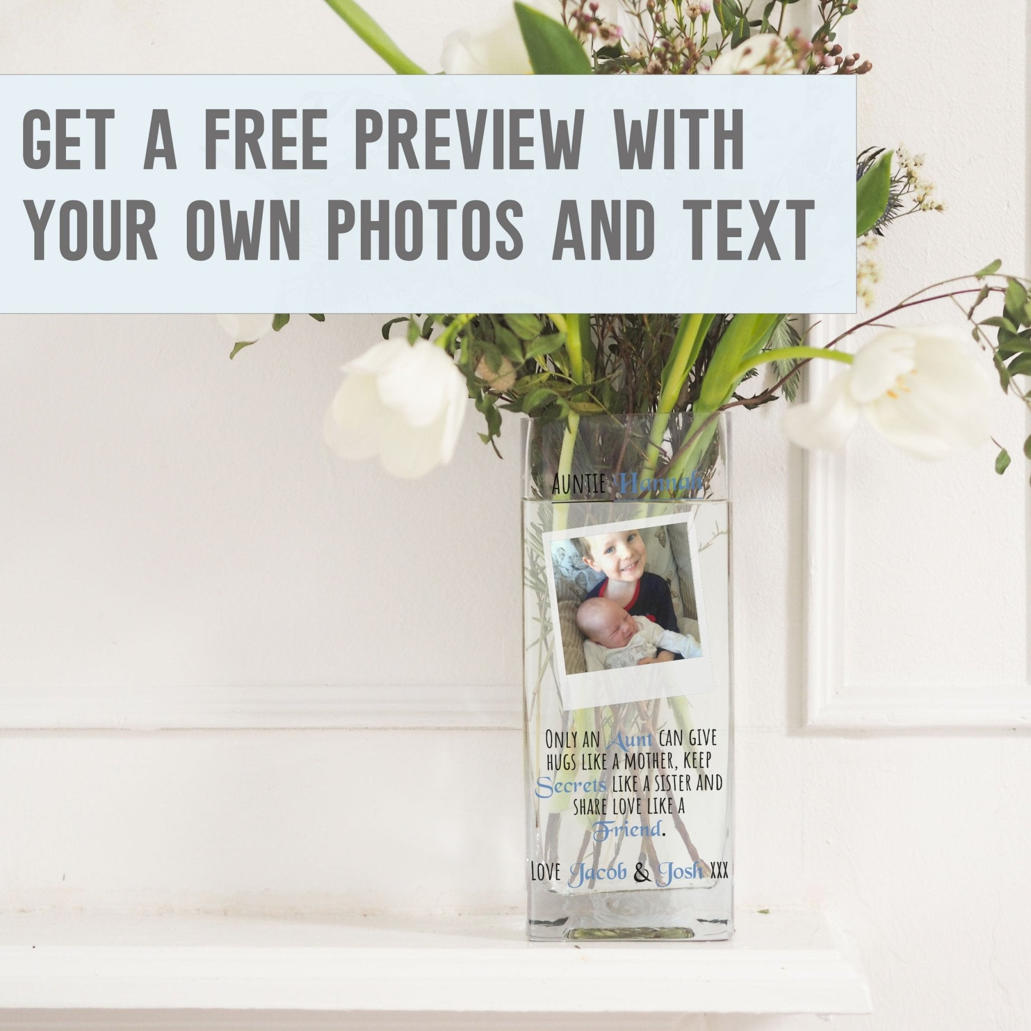 Auntie Quotes Customize Photo Glass Vase | New Best Aunt Gift Ideas | Acrylic Crystal Picture Flower Stand | Personalized Home Decor Present Vase - Unique Prints