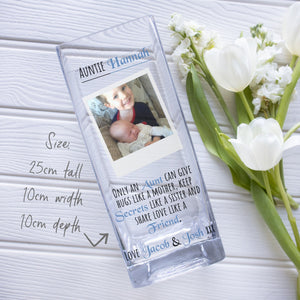 Auntie Quotes Customize Photo Glass Vase | New Best Aunt Gift Ideas | Acrylic Crystal Picture Flower Stand | Personalized Home Decor Present Vase - Unique Prints