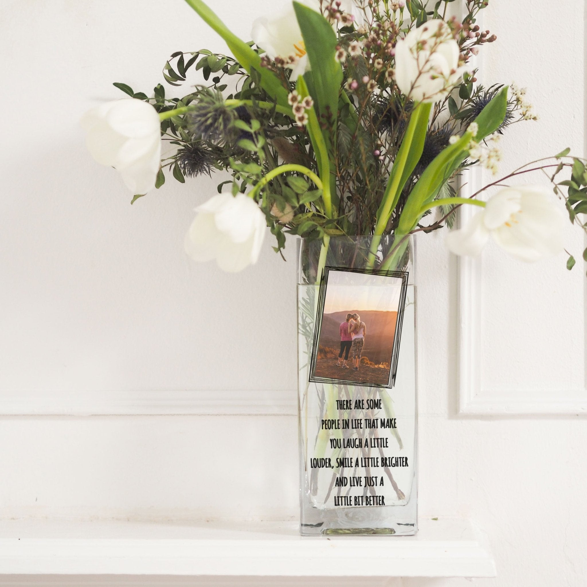 Best Friend Personalised Photo Glass Vase | Friendship Gift Ideas | Custom Texts/Quotes Flower Stand w/ Picture Present | Crystal Home Decor Vase - Unique Prints
