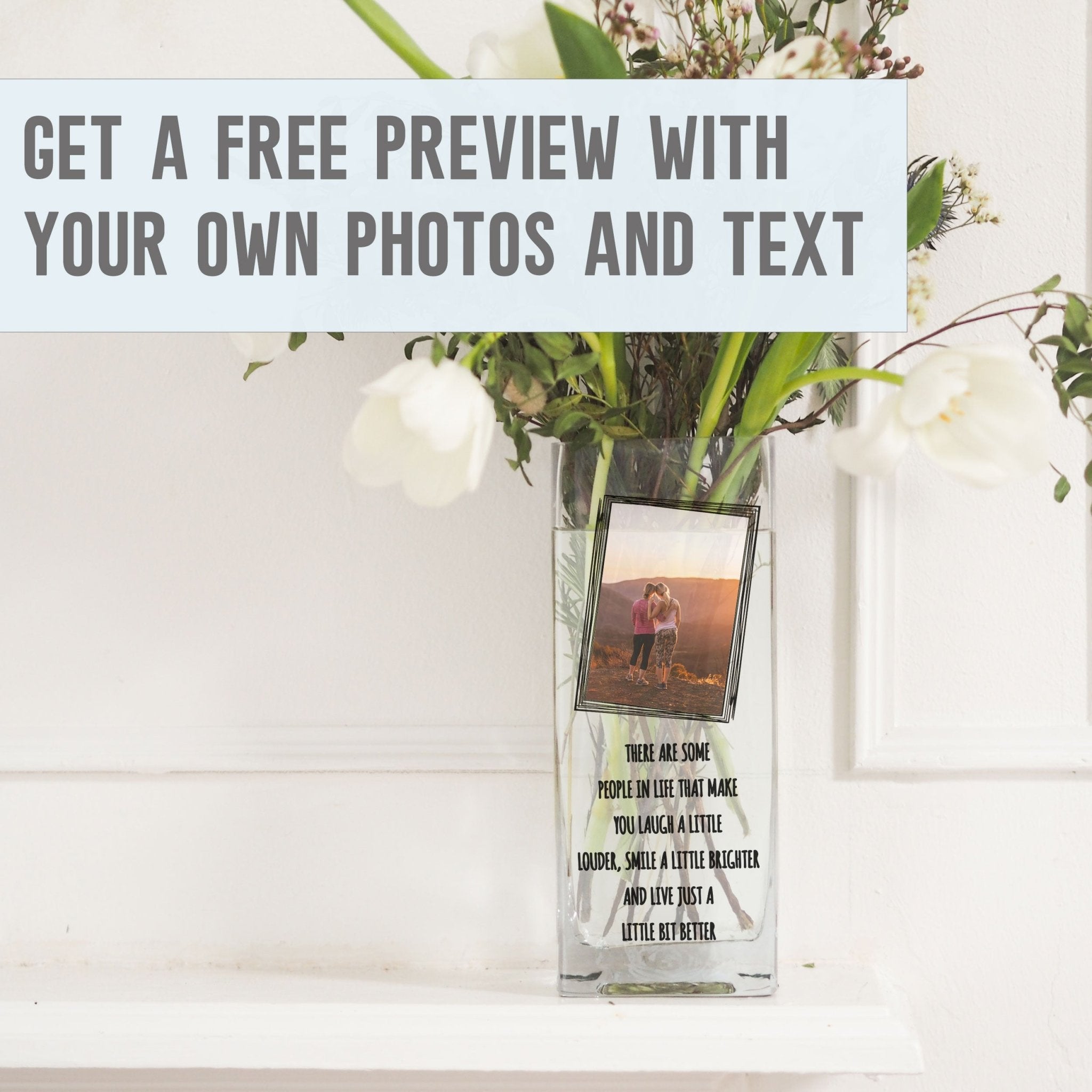 Best Friend Personalised Photo Glass Vase | Friendship Gift Ideas | Custom Texts/Quotes Flower Stand w/ Picture Present | Crystal Home Decor Vase - Unique Prints