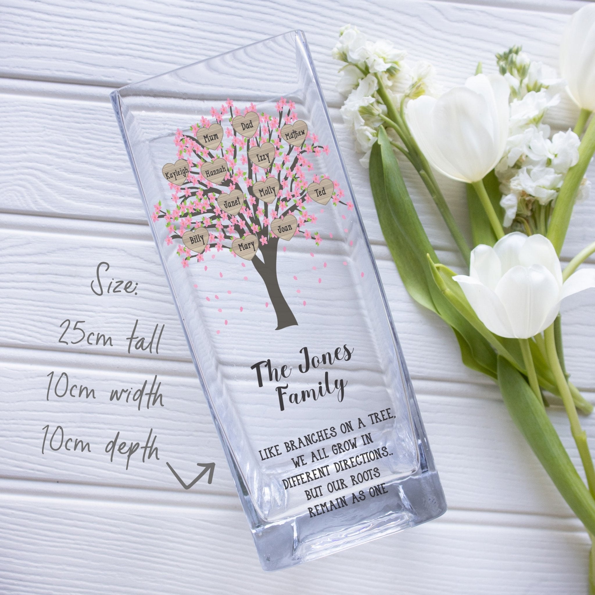 Custom Family Tree Photo Glass Vase | Bloodline Genealogy Mom Gift Ideas | Personalized Crystal Clear Jar with Picture | Mothers Day Present Vase - Unique Prints