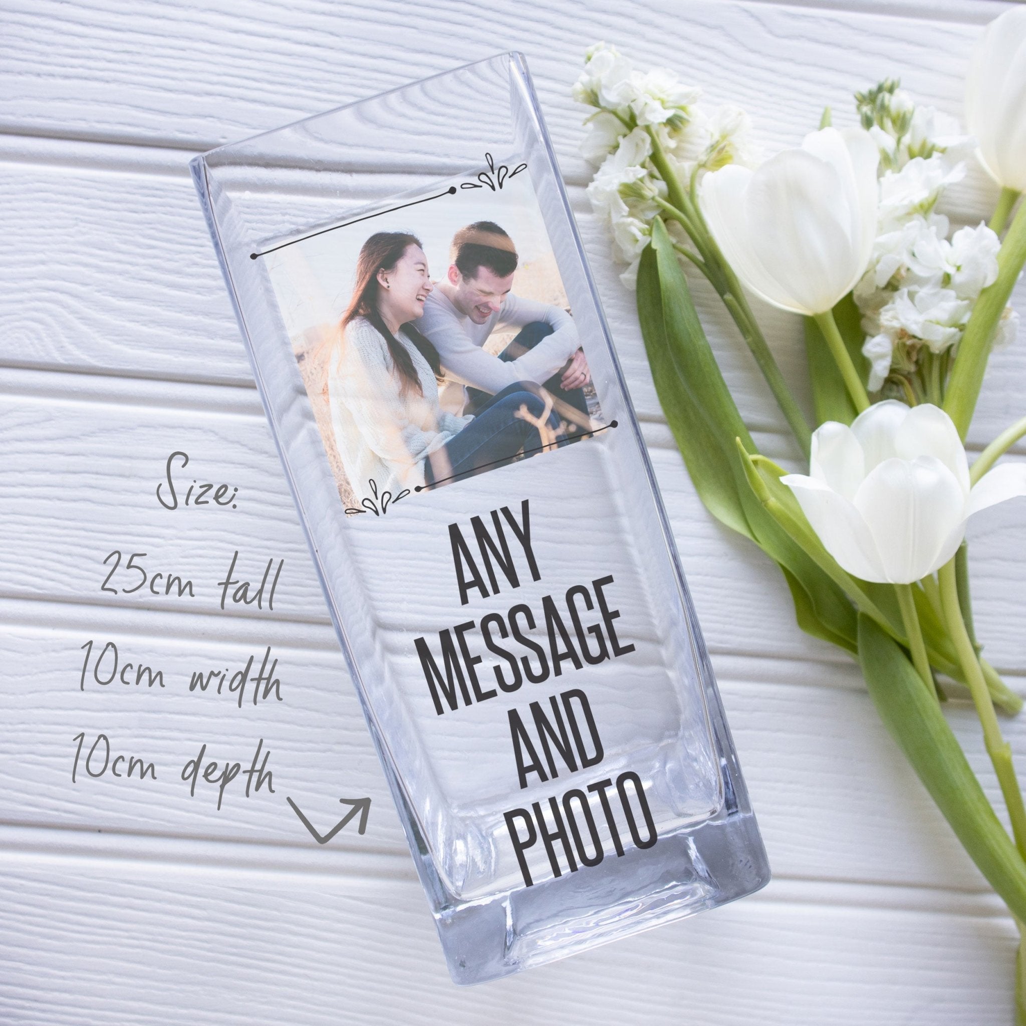 Custom Message Personalized Photo Glass Vase | Quotation Gift Ideas | Personalised Keepsake | Flower Stand with Picture Home Decor Present Vase - Unique Prints