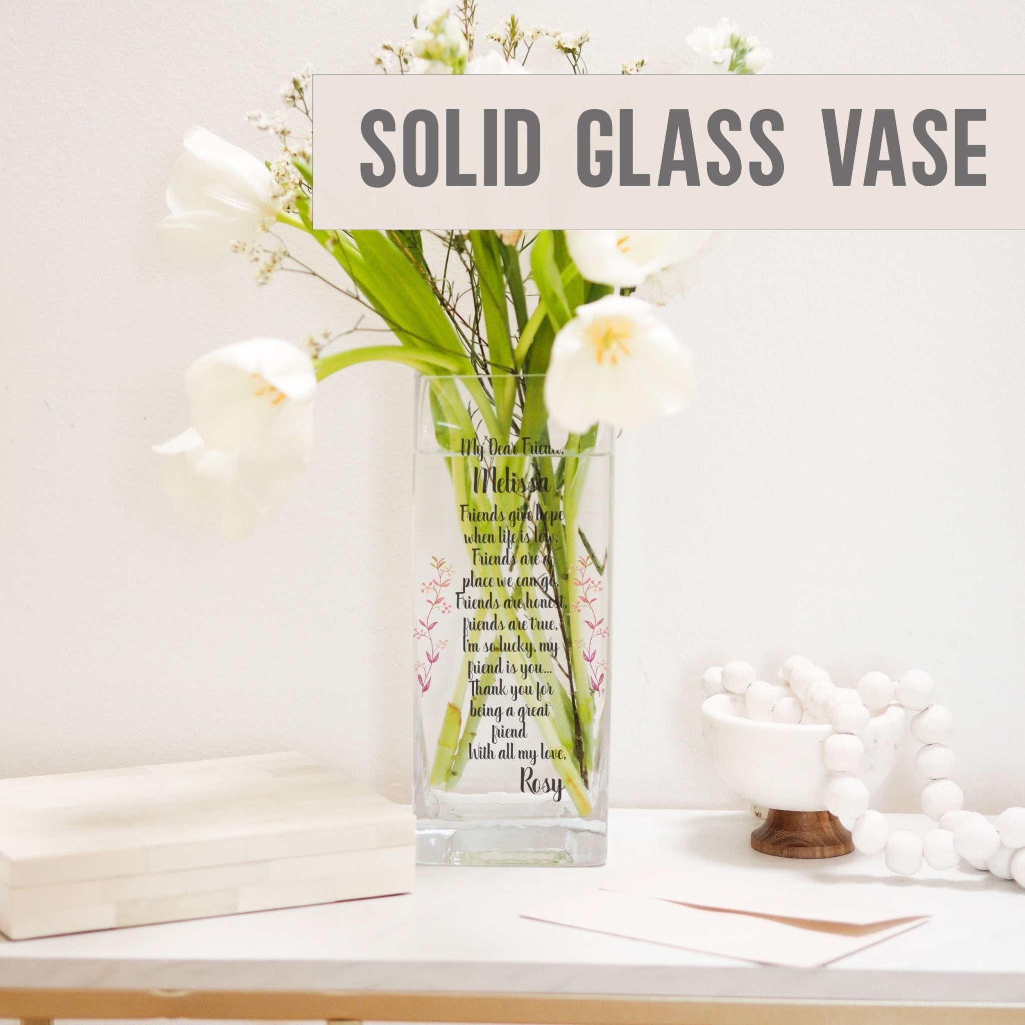 Dear Friend Custom Message Glass Vase | Friends Quote Keepsake, Friendship Gift Idea | Personalised Texts Crystal Flower Stand Home Decor Vase - Unique Prints