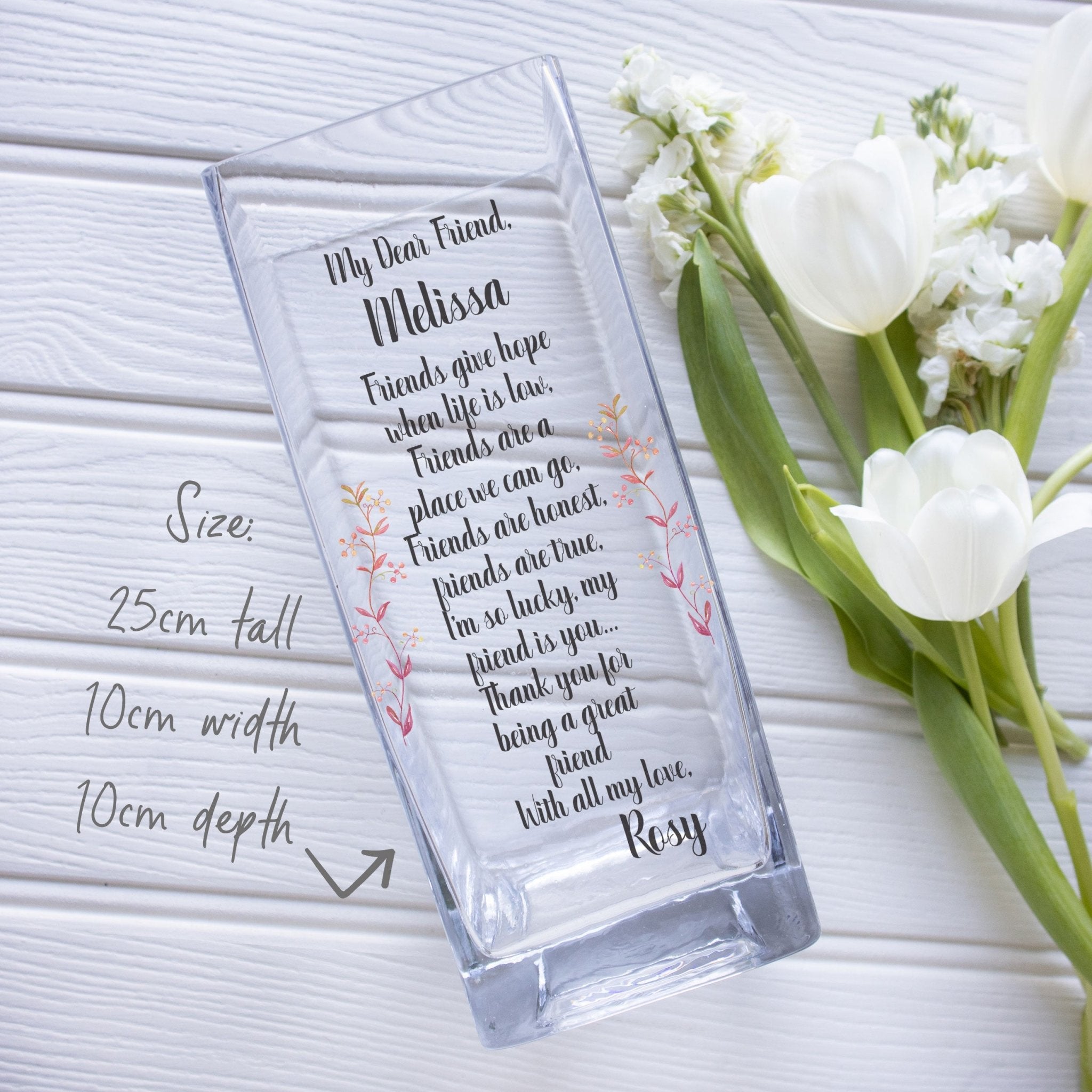 Dear Friend Custom Message Glass Vase | Friends Quote Keepsake, Friendship Gift Idea | Personalised Texts Crystal Flower Stand Home Decor Vase - Unique Prints