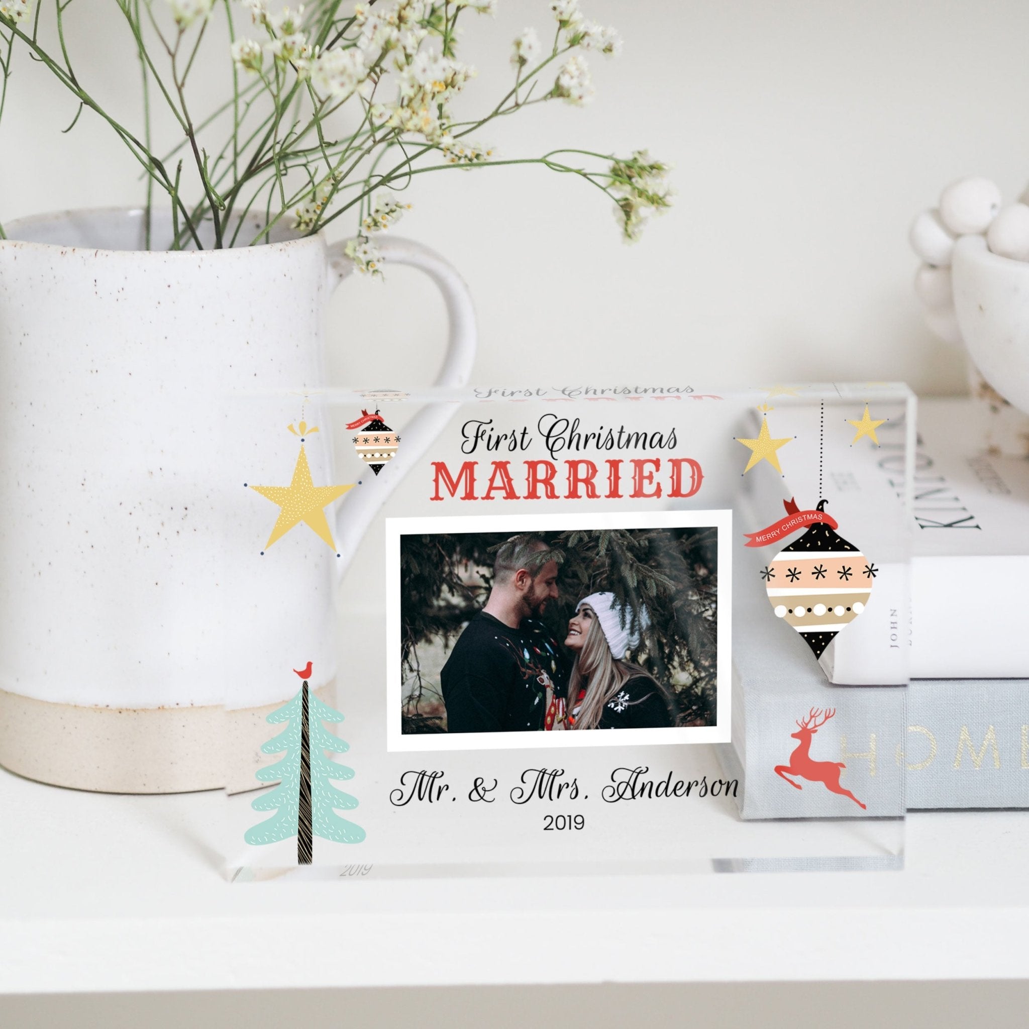 First Christmas Married Gift| 1st Xmas Wedded Ornament Decoration | X-Mas Couple Photo Frame | Personalised Gift For Newlyweds | Acrylic Frame With Photo PhotoBlock - Unique Prints