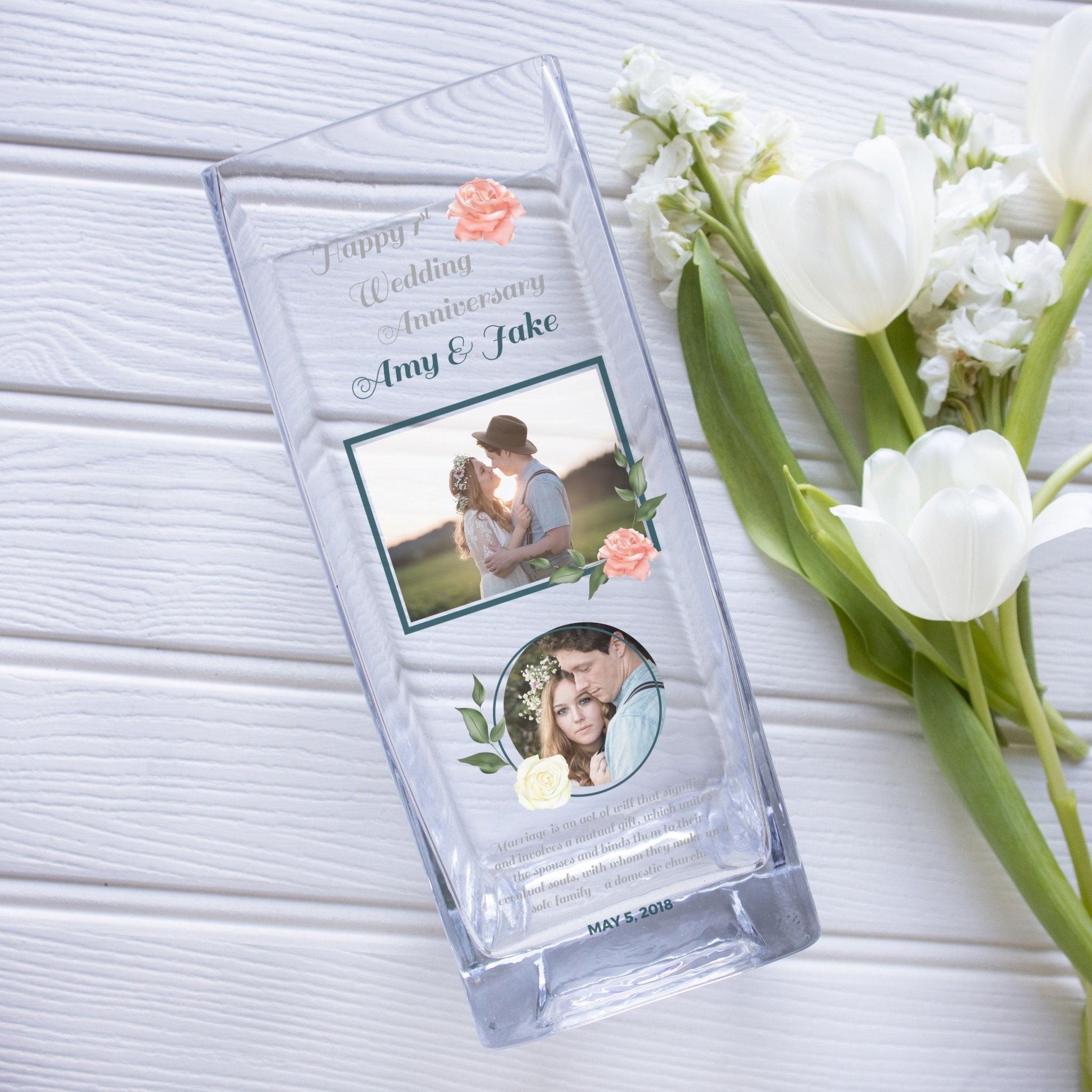 First Wedding Anniversary Custom Photo Glass Vase | 1st Wed Year Ceremony Gift Idea | Personalized Crystal Flower Stand with Picture Present Vase - Unique Prints