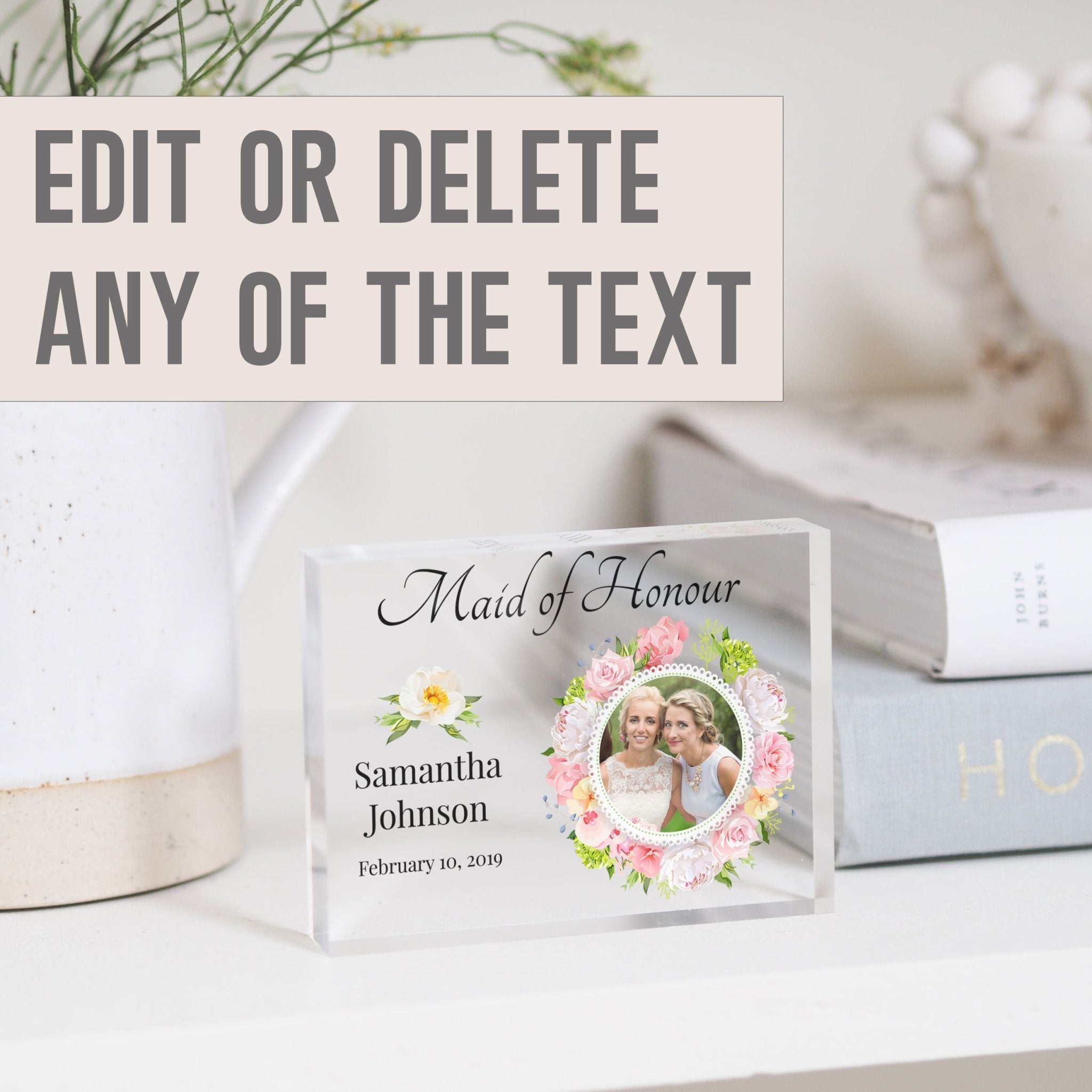 Floral Maid Of Honor Gift Frame | Bridesmaid Thank you Gift From Bride PhotoBlock - Unique Prints