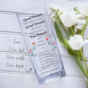 Good Friends Custom Quote Glass Vase | Friendship Quotation Gift Ideas | Personalized Texts, Crystal Clear Flower Stand | Home Decor Present Vase - Unique Prints