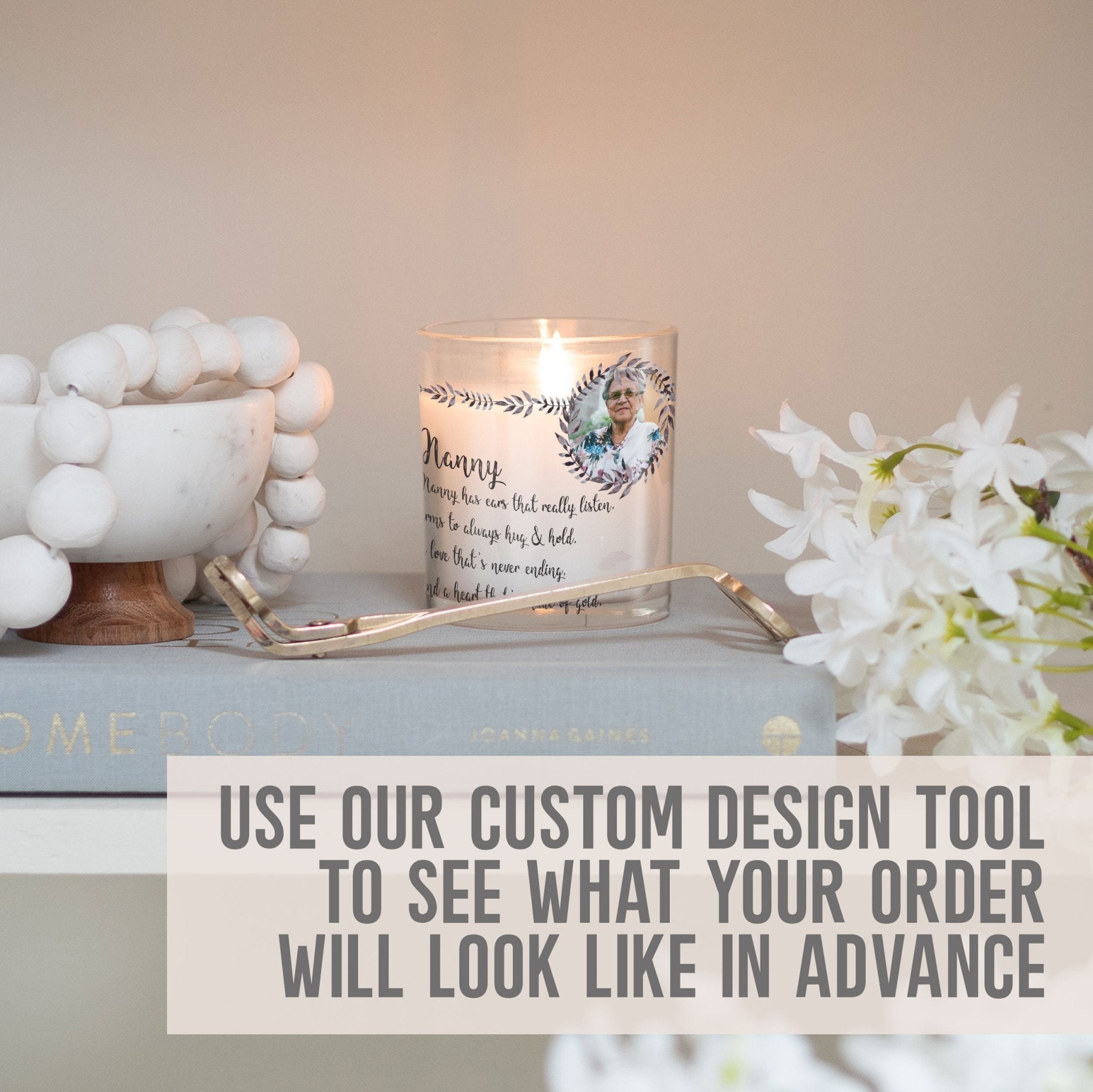 Nanny Quotes Custom Photo Candle Holder | Rustic Wreath Nursemaid Gift Ideas | Personalized Votive Glass with Picture | Home Decor Present Candleholder - Unique Prints