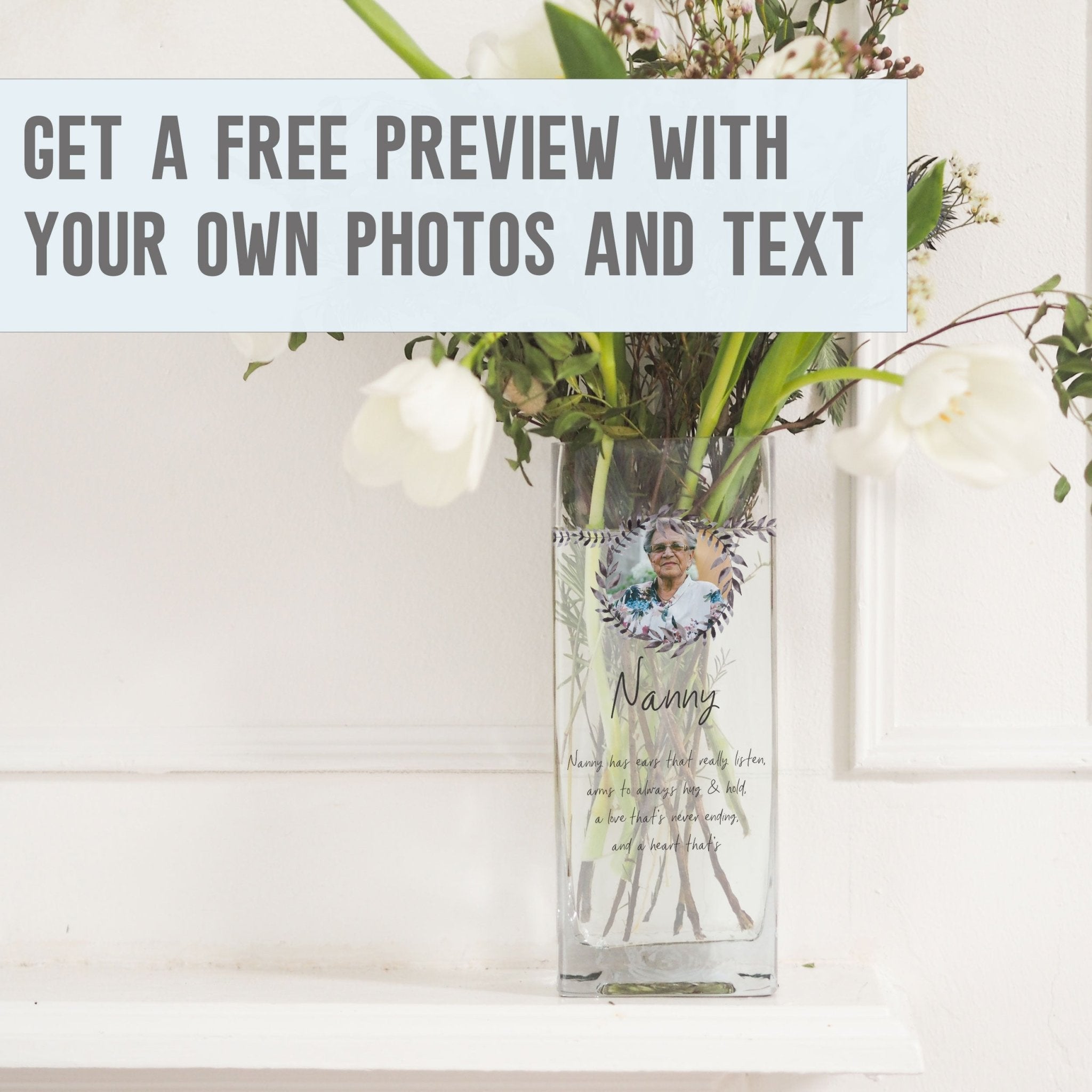 Nanny Quotes Custom Photo Glass Vase | Rustic Wreath Nursemaid Gift Idea | Personalized Flower Stand with Picture, Home Decor Present Vase - Unique Prints