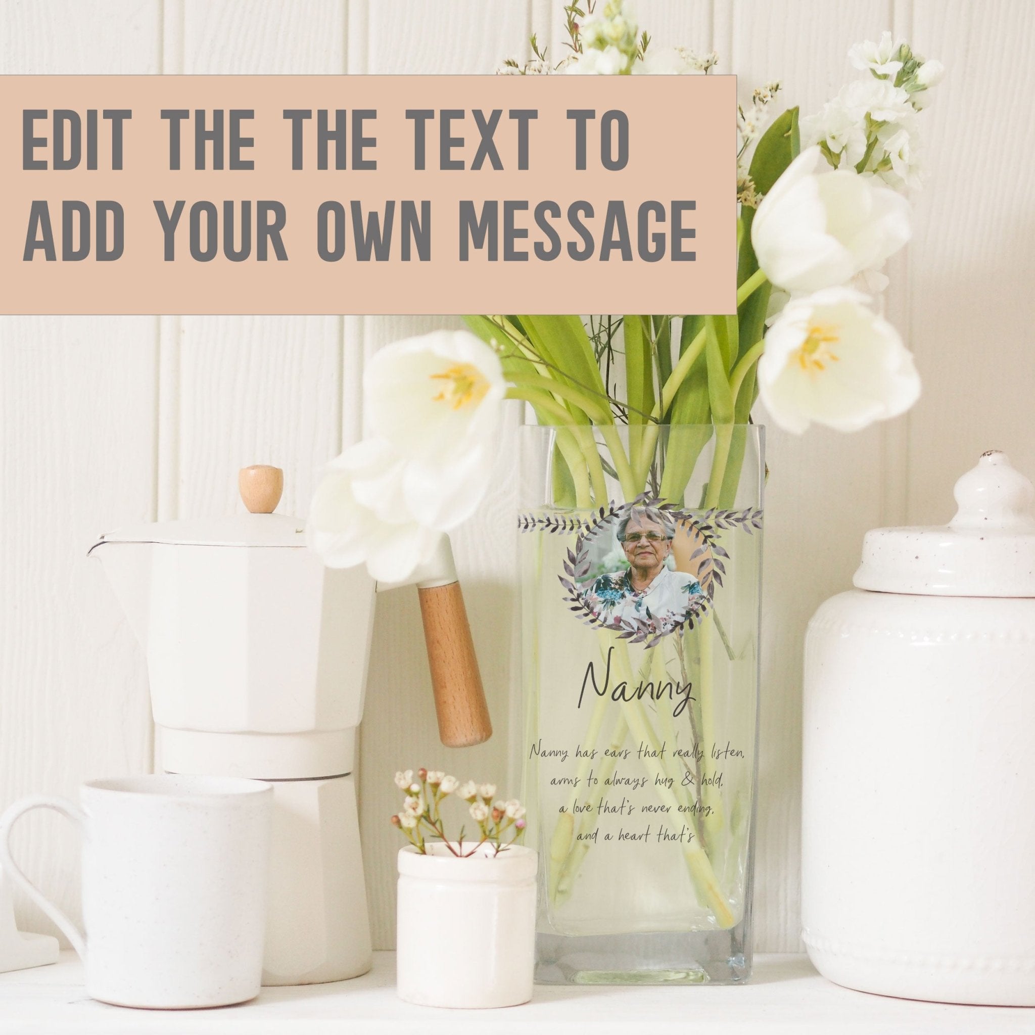 Nanny Quotes Custom Photo Glass Vase | Rustic Wreath Nursemaid Gift Idea | Personalized Flower Stand with Picture, Home Decor Present Vase - Unique Prints