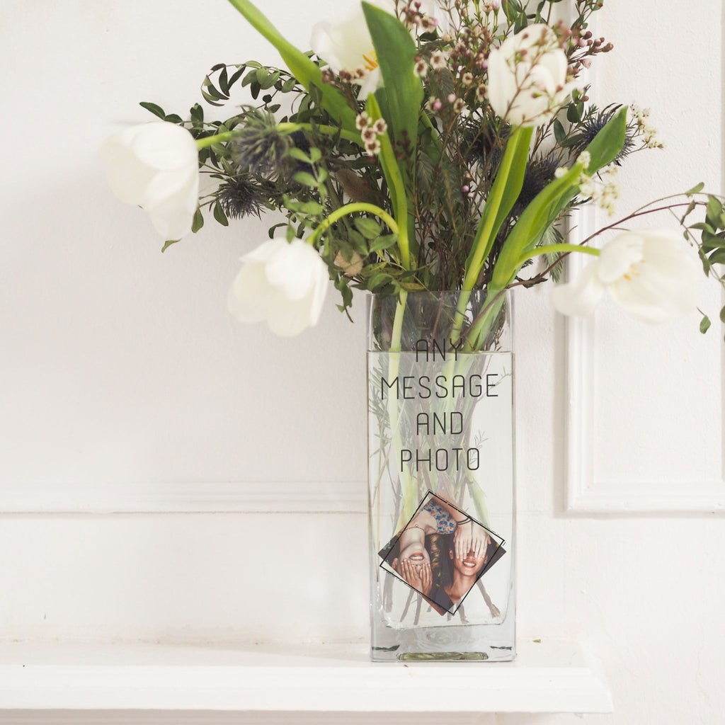 Personalised Photo Glass Vase | Custom Text Message Quotation Family Gift Ideas | Customized Flower Stand with Picture Present Vase - Unique Prints