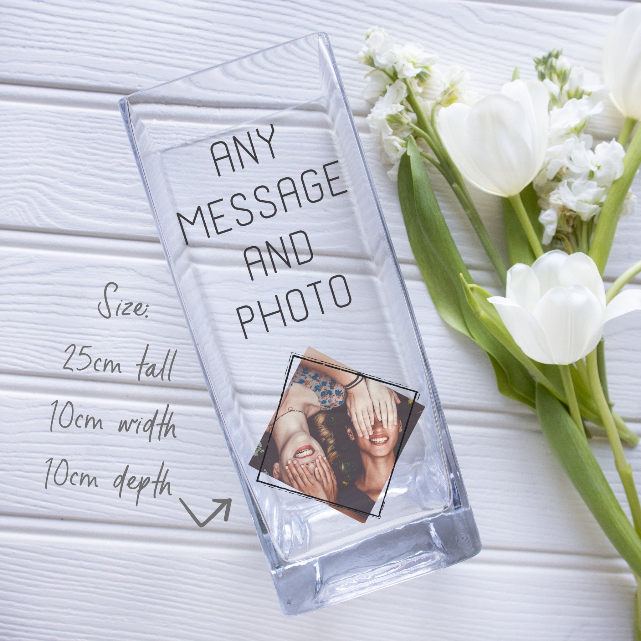 Personalised Photo Glass Vase | Custom Text Message Quotation Family Gift Ideas | Customized Flower Stand with Picture Present Vase - Unique Prints