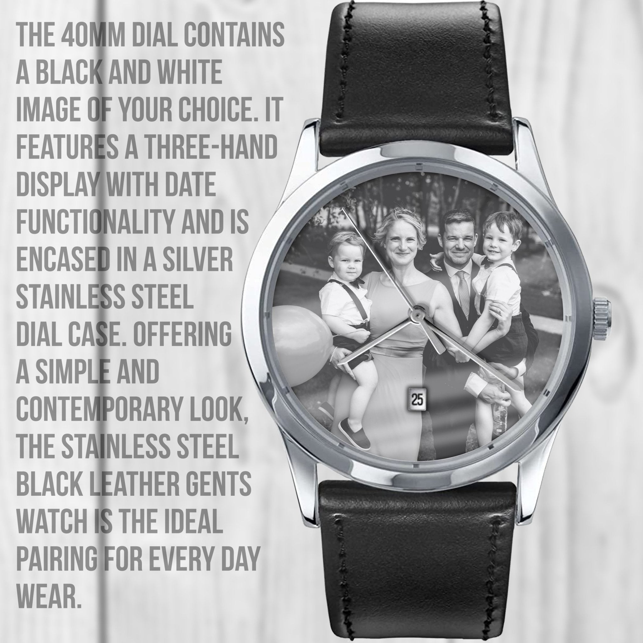 Personalized Watch For Men, Custom Mens Photo Picture Watch Custom, Engraved Watch With Black Leather Strap