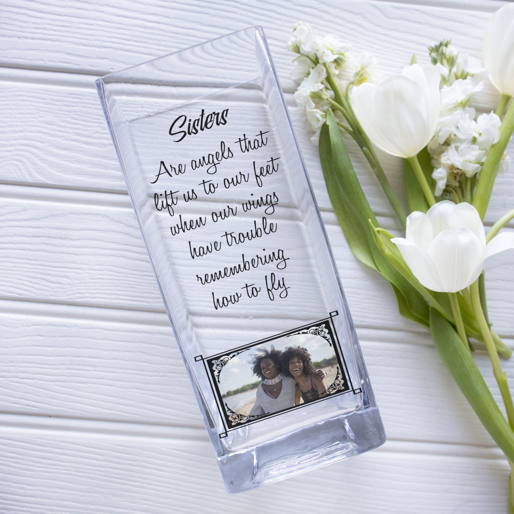 Sisters Quotes Customized Photo Glass Vase | Sis Quotation Gift Ideas | Personalized Acrylic Crystal Picture Flower Stand Home Decor Vase - Unique Prints