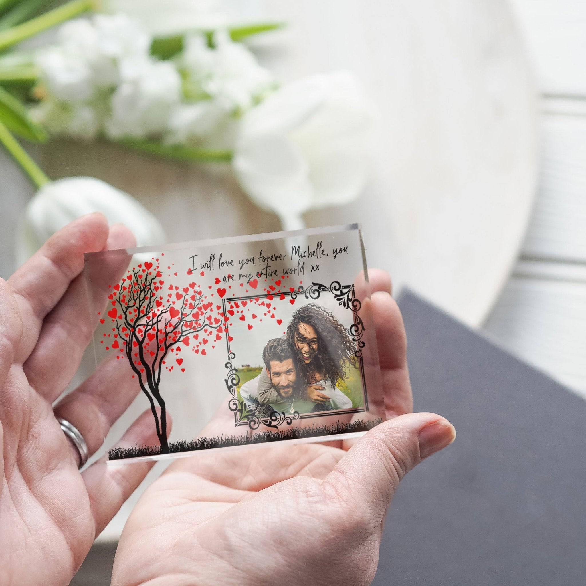VALENTINES PHOTO FRAME | Personalised Glass Picture Frame | Couples Glass Frame | Custom Love Tree PhotoBlock - Unique Prints